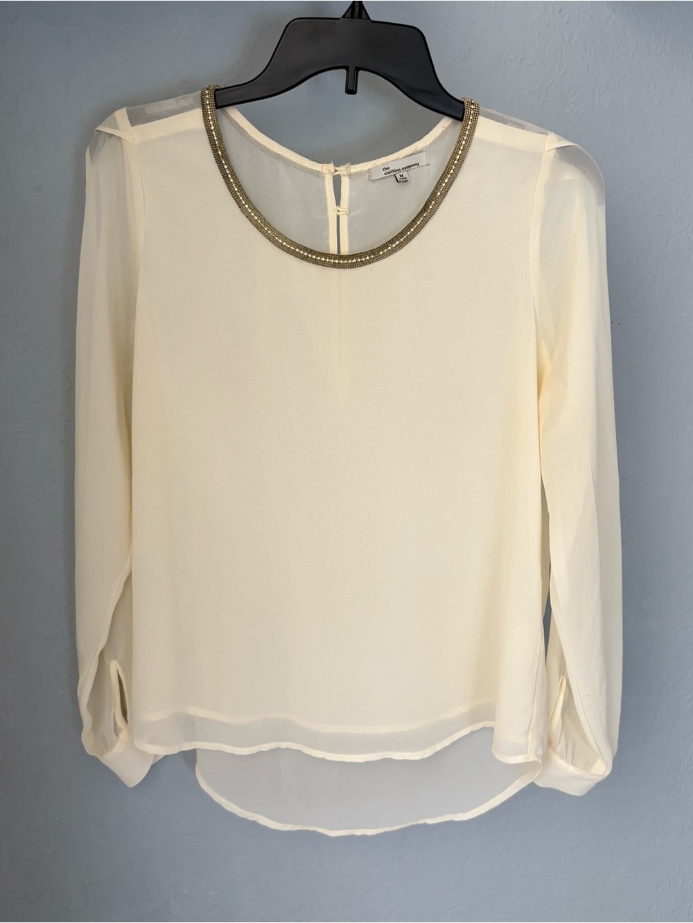 Cream Long Sleeve Blouse with Beaded Embellished Neckline Size M